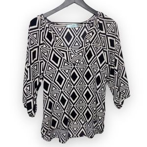 Chris & Carol Geometric Aztec Black & White High Low V Neck Blouse Large